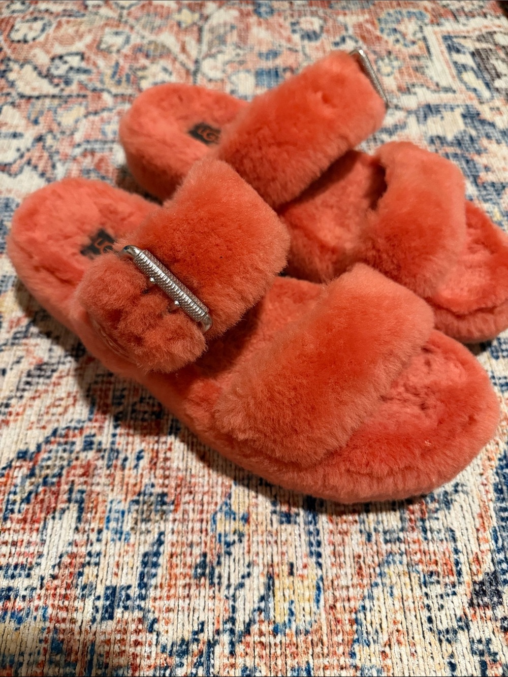 UGG Coral Plush Double-Band Slide Slippers with Silver Buckle